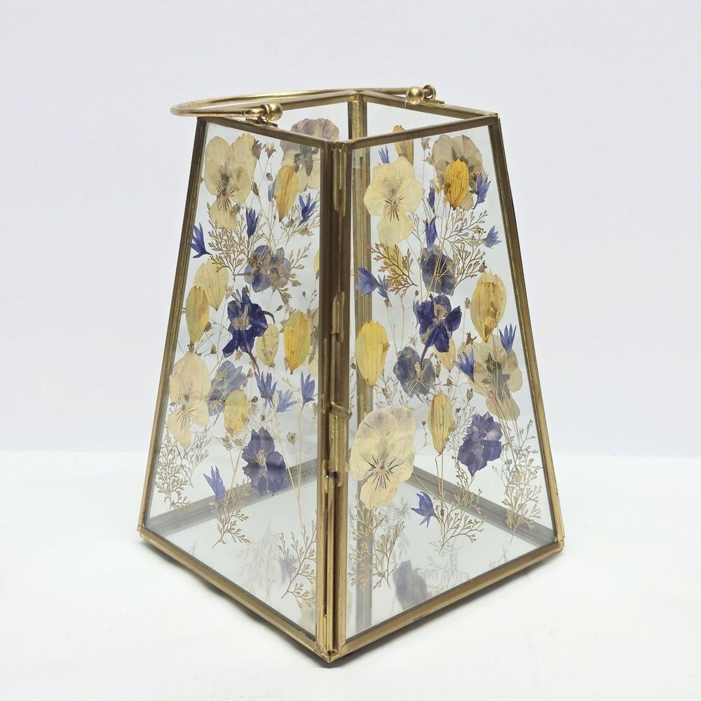 Pressed Flowers Brass & Glass Lantern Decorative Candle Holder Mirrored Bottom